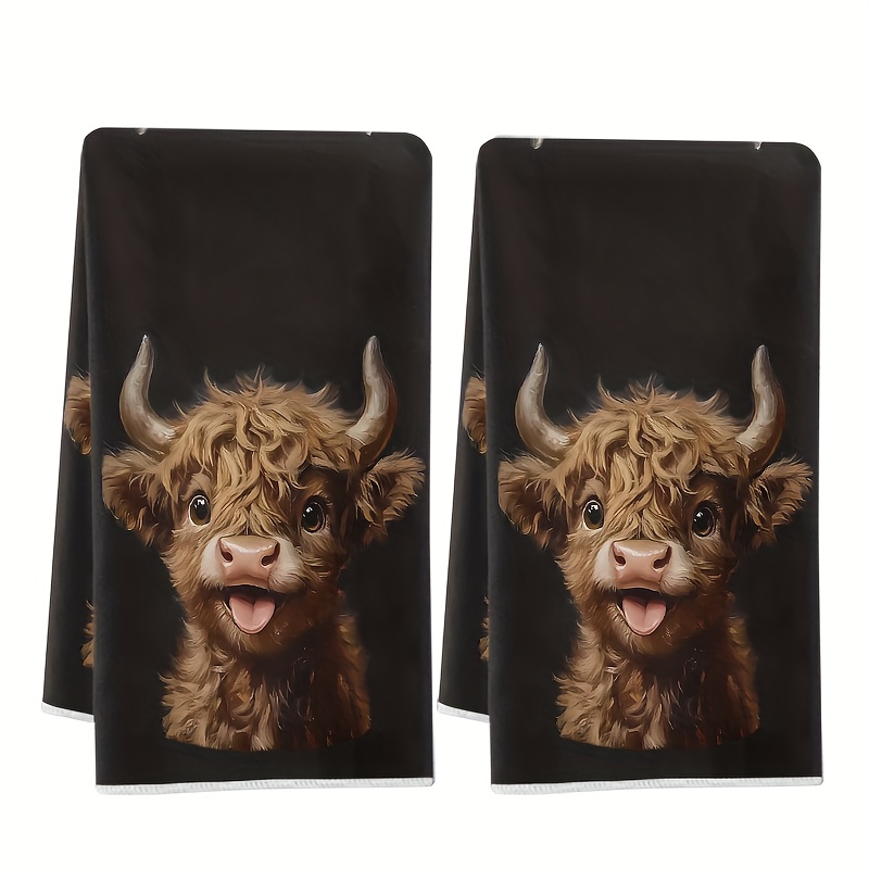 TEMU Set Of 2 Highland Cow Kitchen Towels With Prints, Featuring A Vintage Style, Made Of Polyester, Machine Washable, Fade-resistant Decorative