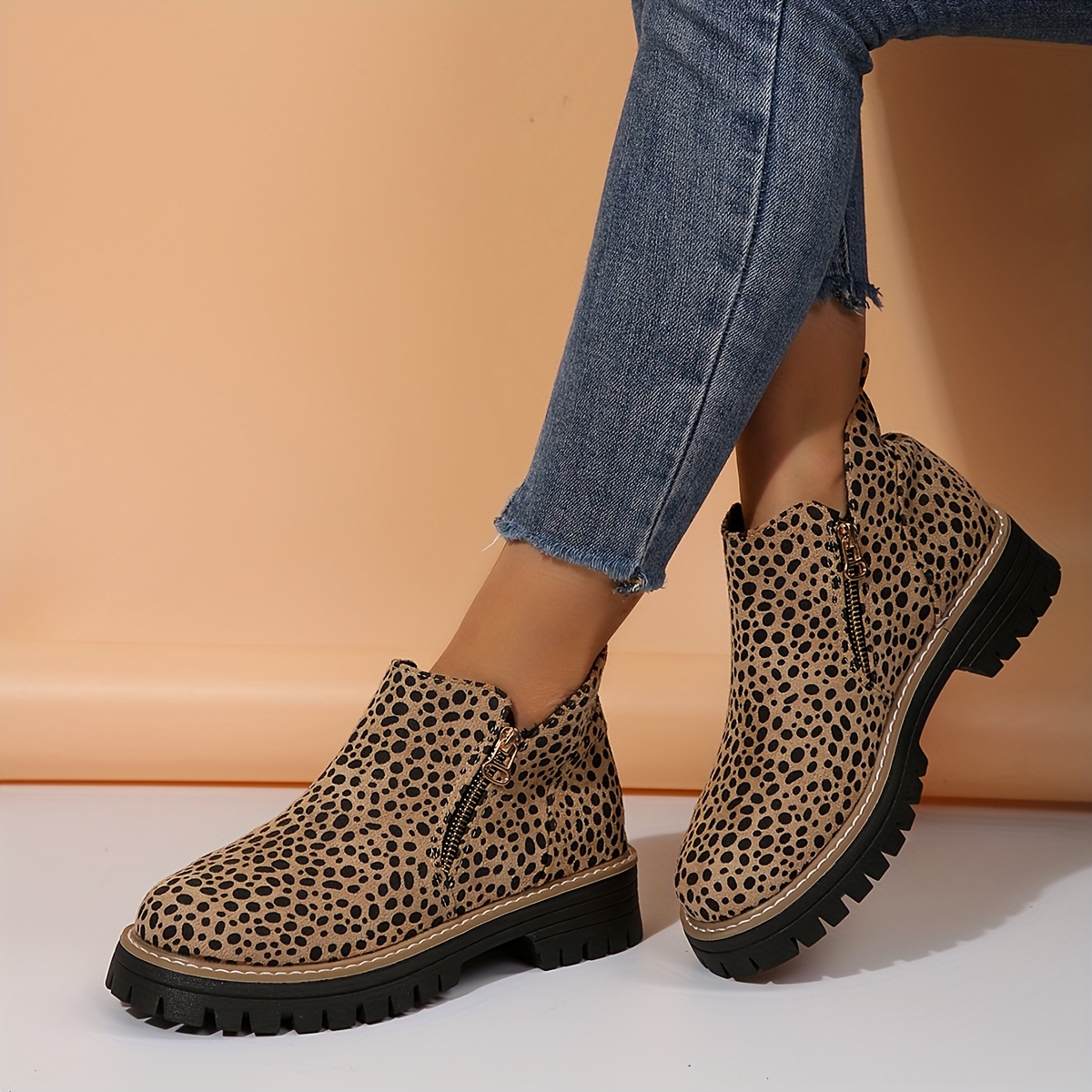 1pr womens leopard print ankle booties round toe zipper closure block heel boots   flannel upper fabric lined   heel rubber sole booties 2