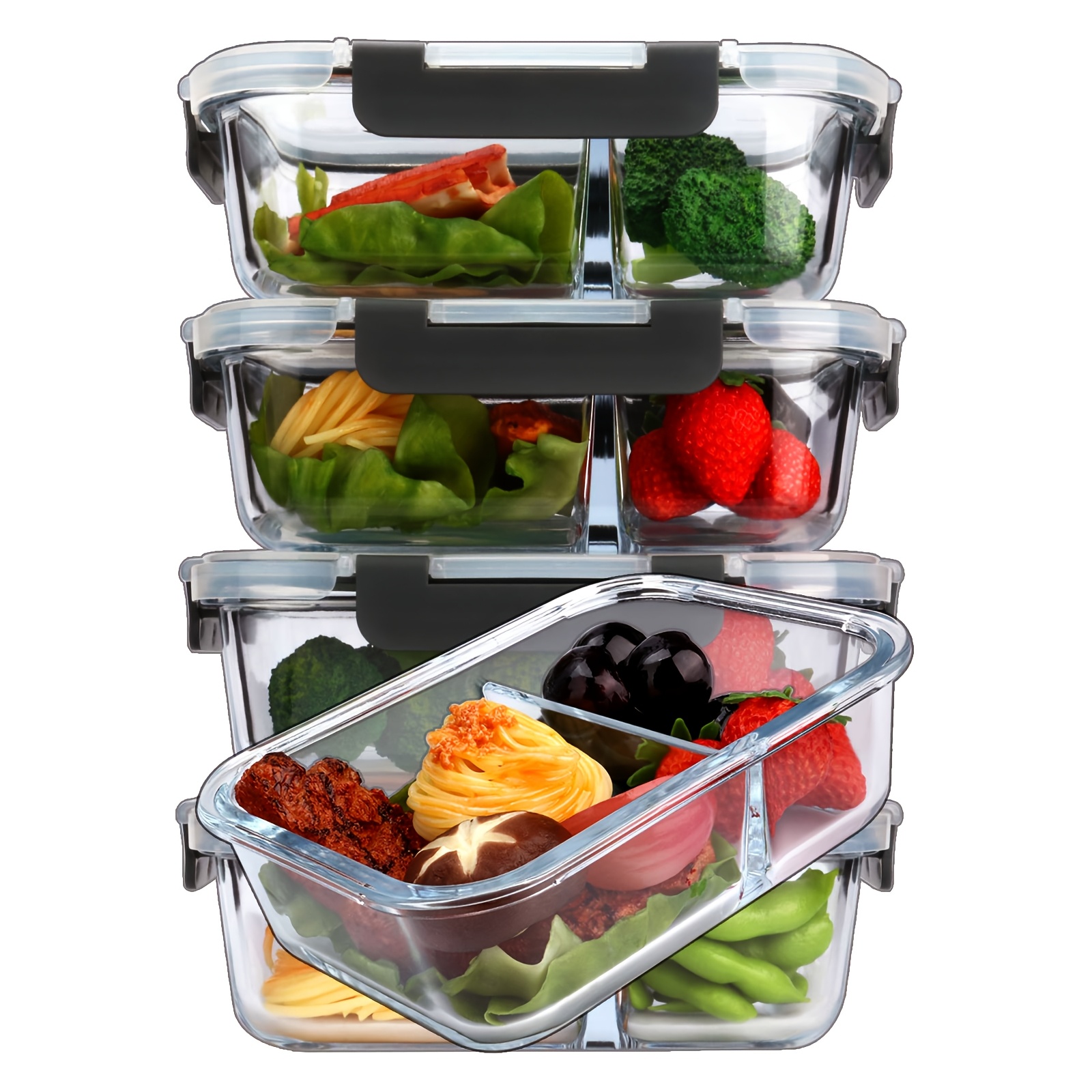 Image of 10pcs Glass Meal Prep Containers 2-compartment Portion Control, (5 Lids And 5 Containers) With Upgraded Snap Lock Lid Glass Food Storage Containers, Freezer And Dishwasher Safe