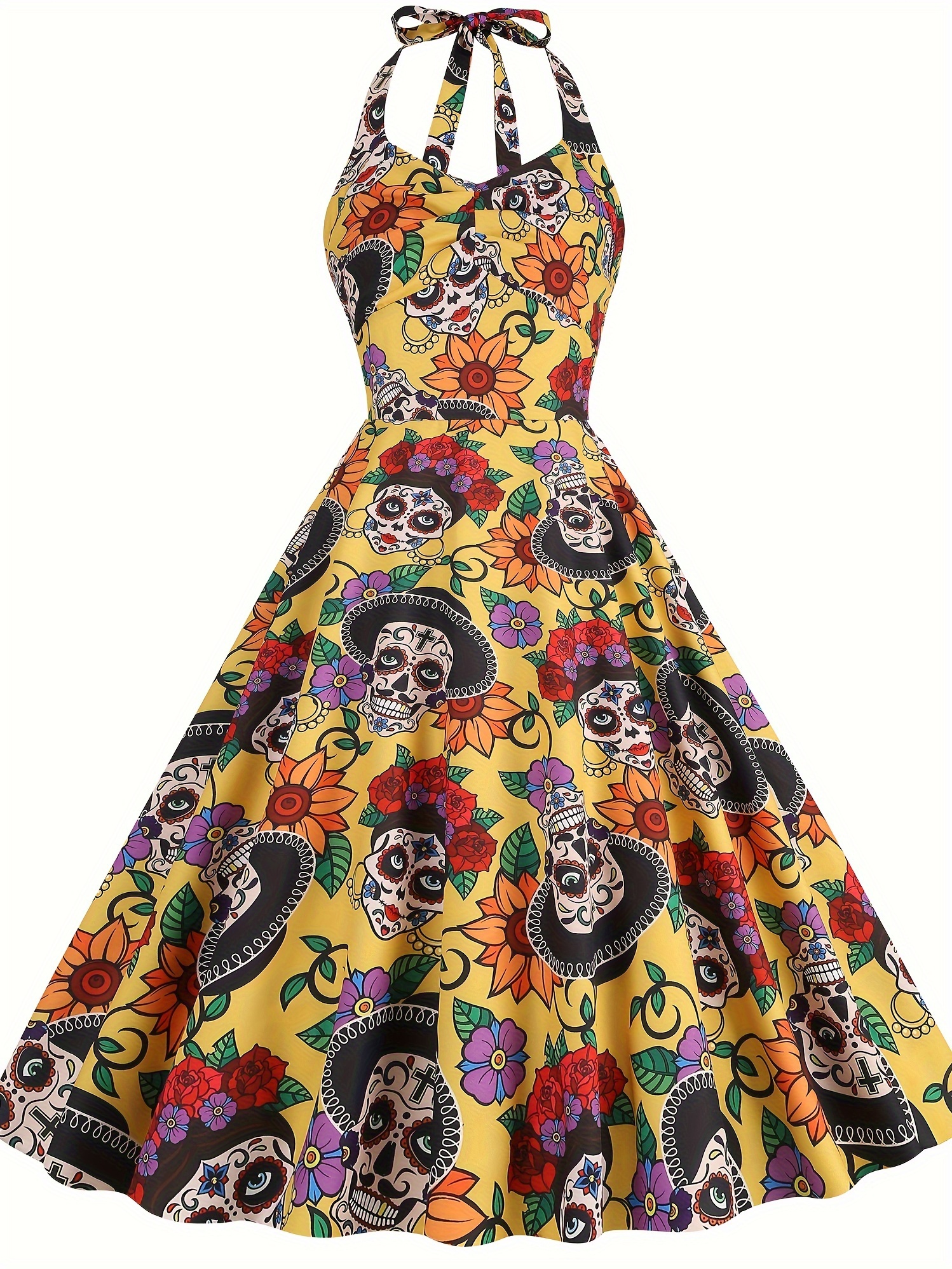 fitted lace wedding dress A-Line/Princess Skull Rose V-Neck Sleeveless Knee-Length Strap Halloween Performance Costumes Dress MON6041082W, L / Black