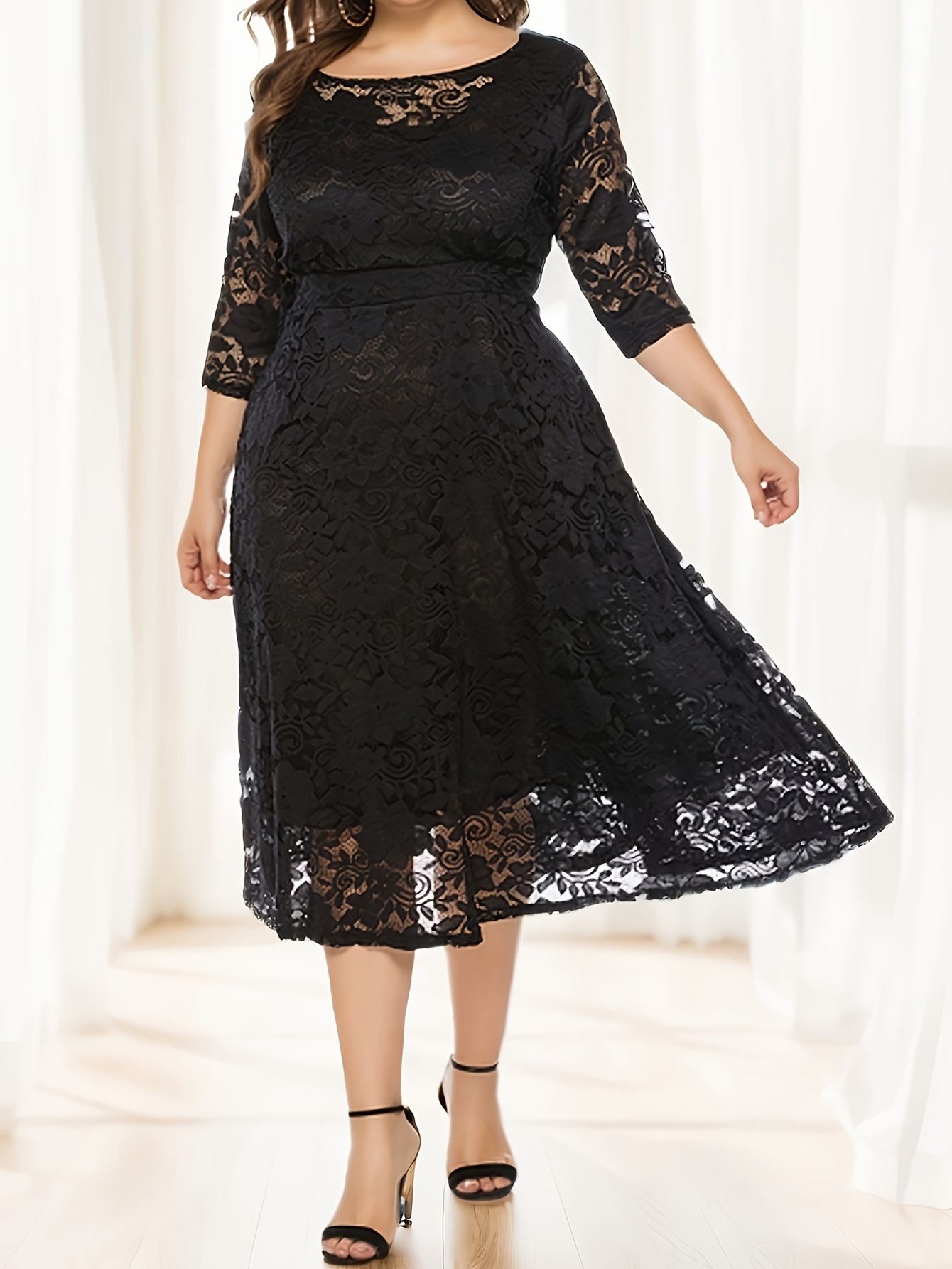plus size plus size elegant a line dress 3 4 sleeves lace - Temu