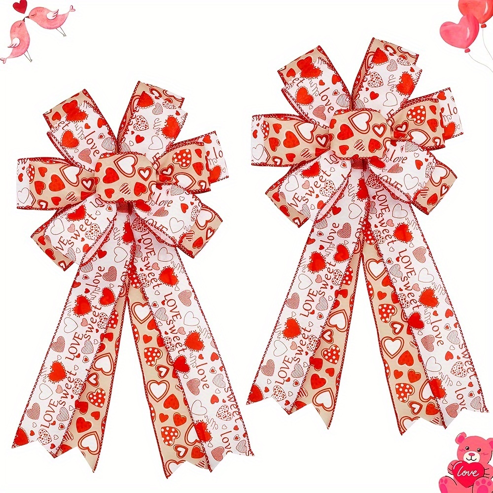 

Valentine's Day Fabric Bow Ribbons 20x11 Inch - 2 Pack Pre-tied Heart Patterned Burlap Ribbon Bows For Door Wreath Decoration, Wall Hanging Topper, Outdoor & Indoor Use, No Electricity Required