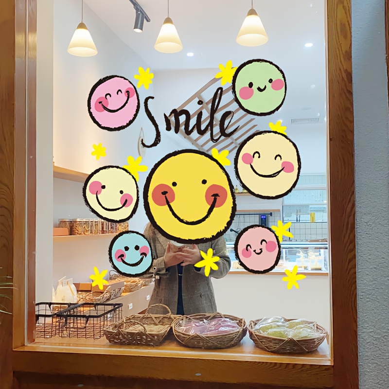 TEMU 1 stuks Volledig Vel Raam Glas Deur Sticker Lachend Gezicht, Winkel Display Woonkamer Balkon Decoratie, Statische Adsorptie Raam Sticker Geen