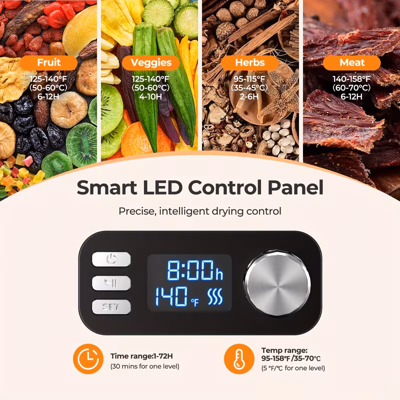 Electric Food Dehydrator - 5 Tray, Adjustable Temperature, 72-Hour Timer, LED Display, 240W, Includes Recipe Book