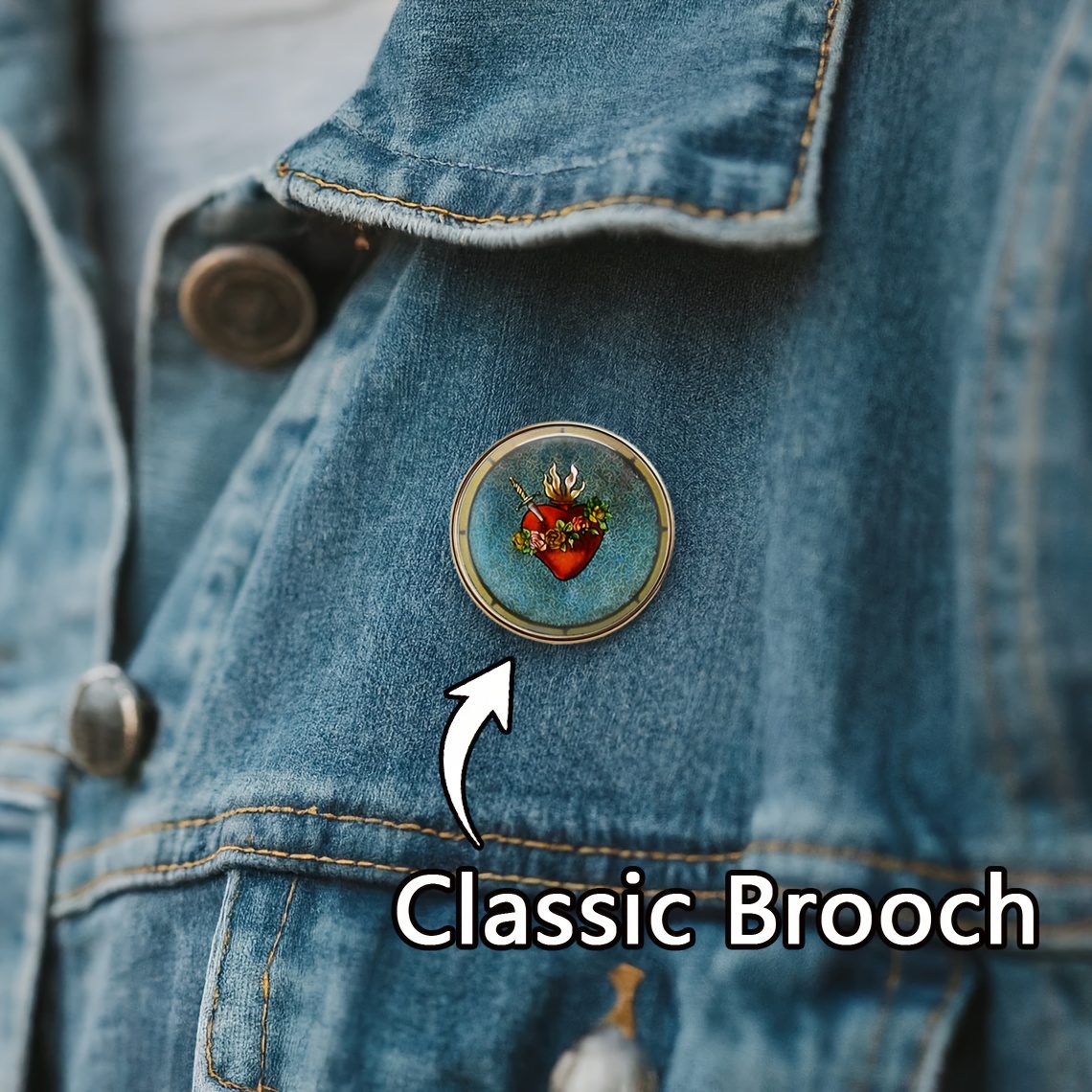 TEMU 1pc Colored Sweater Accessory Brooch | Heart- Flame Sword Design With And Golden Outline, Perfect For Party Decoration, Ideal As Clothing Or Hat