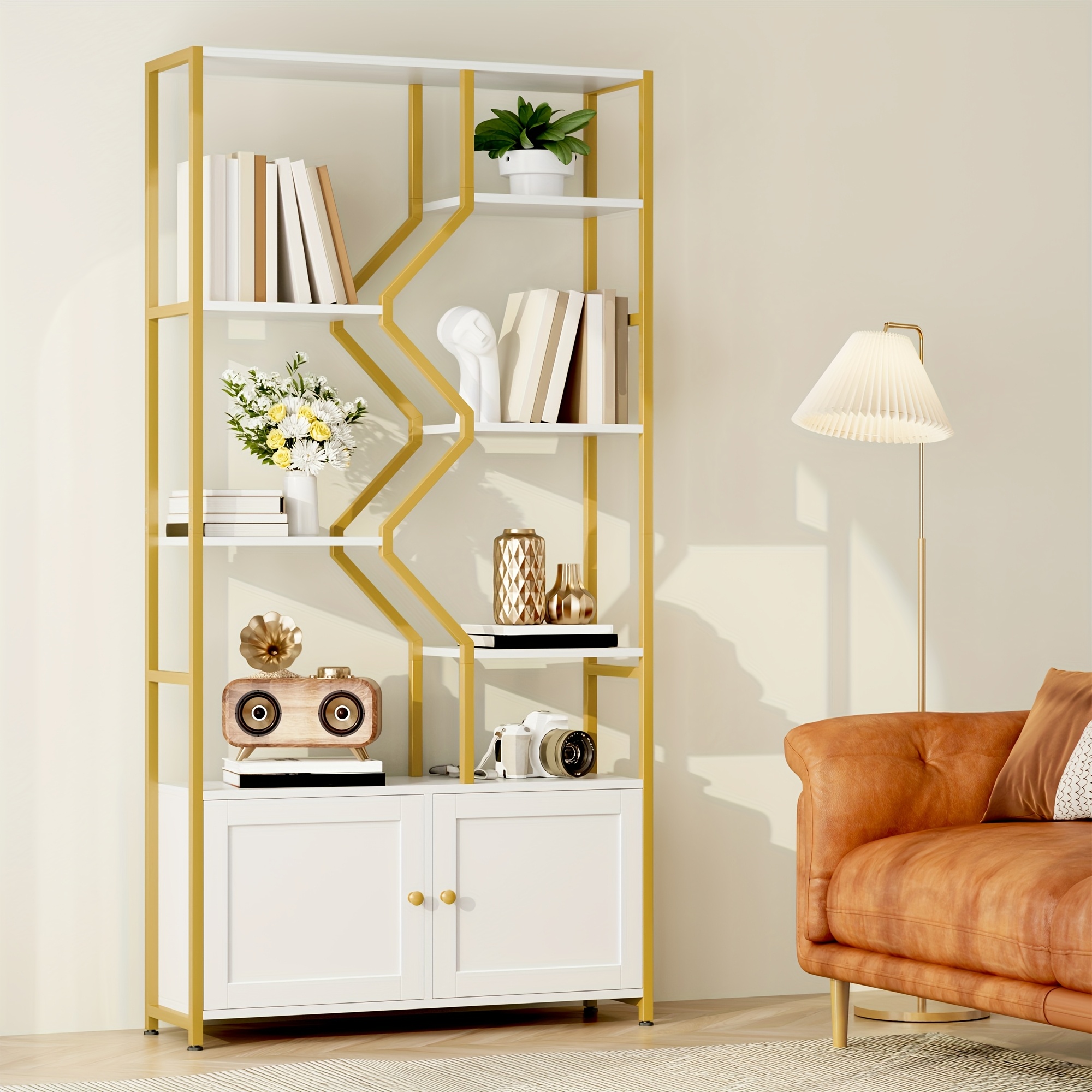 76'' Tall Industrial Bookshelf with Doors, Display Large Bookcase With Storage and Organization Cabinet, Unique Geometric Metal Frame Design, Sturdy Wooden Shelves, Organizer for Library, Living Room, Bedroom, Office, White and Golden/Brown and Black