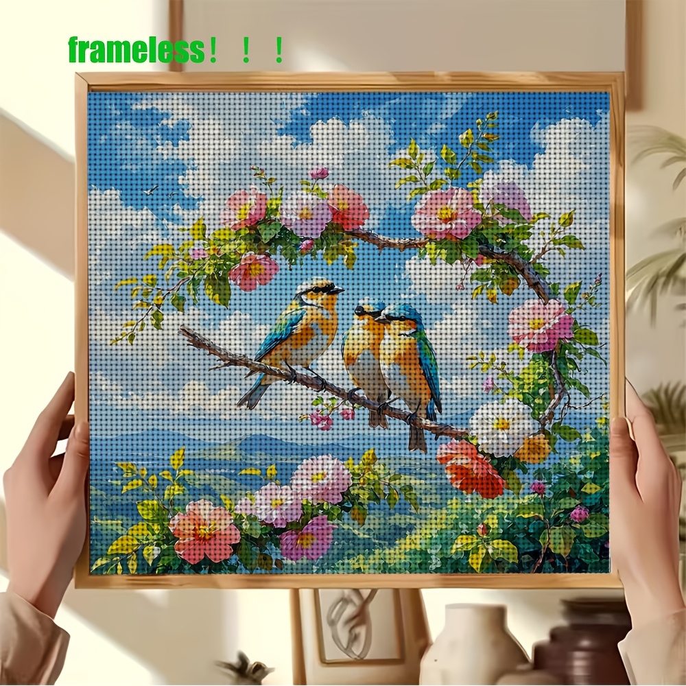 Three Birds Perched on a Flowering Branch Cross-Stitch Kit, Frameless