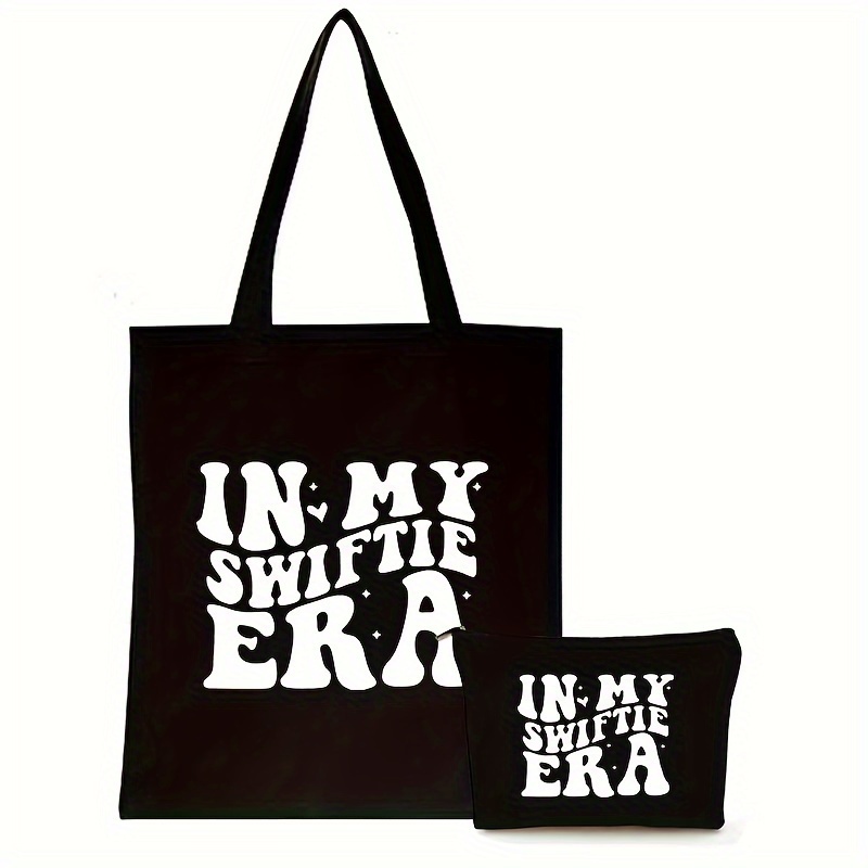 

Swiftie Canvas Tote & Makeup Bag Set - 2pcs, "in My Swiftie Era" Print, Zip Closure, Fashionable Shoulder Bags For , School, Travel, Beach