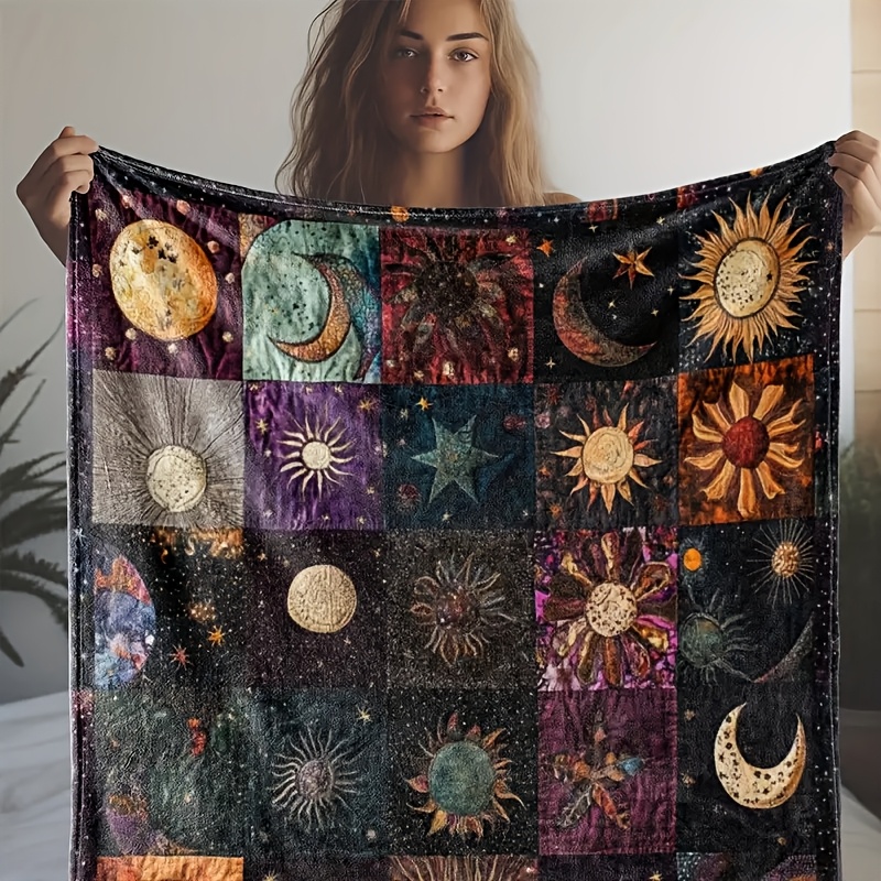 TEMU 1pc French Vintage Sun And Moon Print Flannel Blanket, Suitable For Sofa Bed Sofa Office Camping Decoration, Birthday Gift Christmas Halloween Thanksgiving