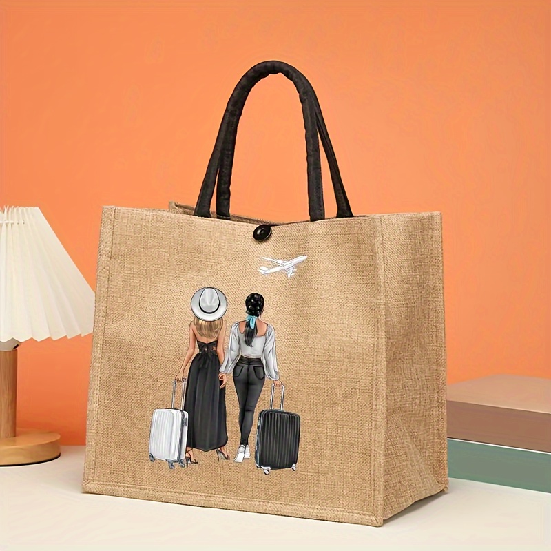 TEMU Chic Burlap Tote Bag With Pattern - Women's Fashion Handbag With Polyester Lining, Snap Closure - Everyday Use