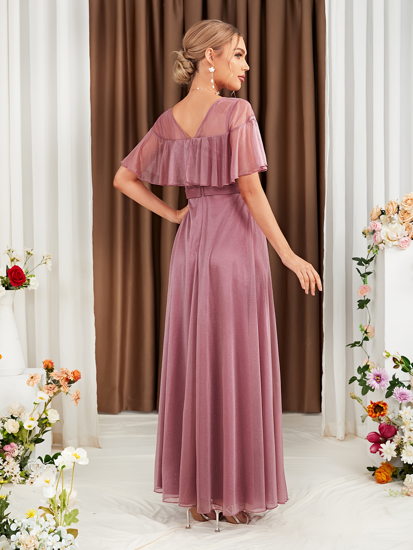 elegant pink bridesmaid dress floral embroidery waist Temu Finland