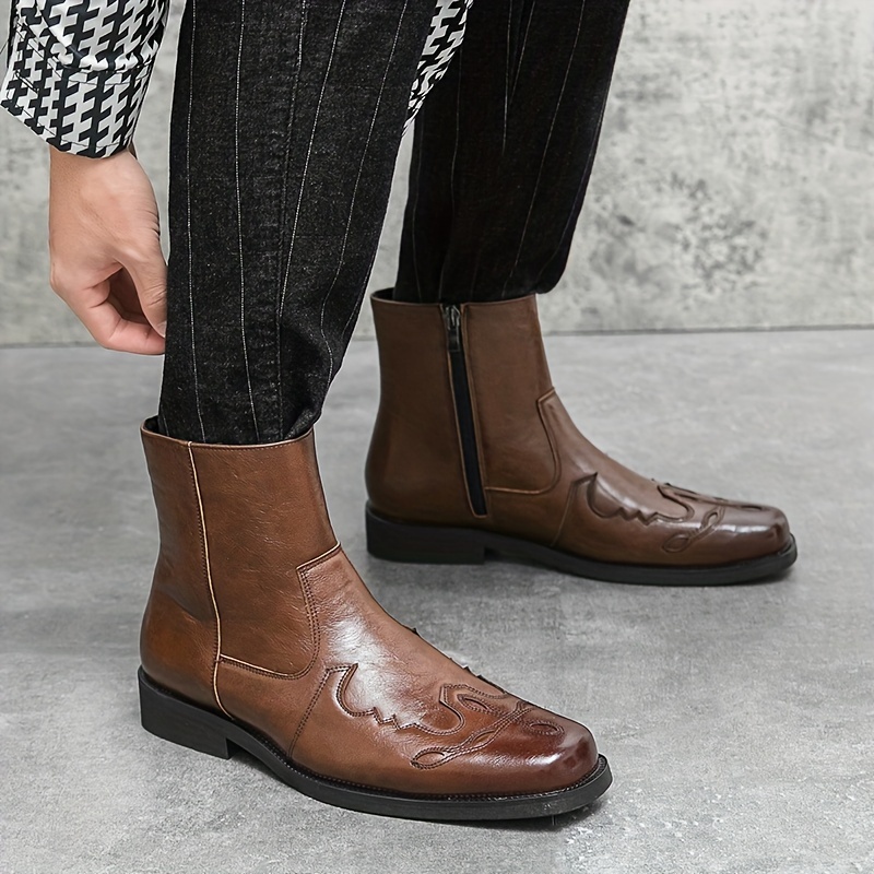 mens fashionable brogue western cowboy boots side zip Temu