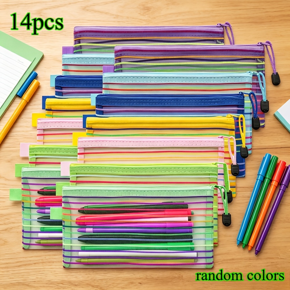 TEMU 7/14-pack Multicolor Transparent Striped Mesh Storage Bags, Durable Pencil Case And Ticket Pouch 2-in-1, School , Random Colors