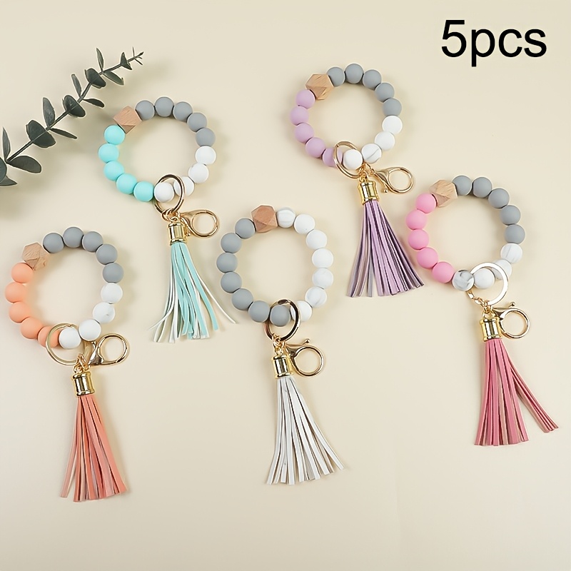 TEMU 5pcs Marble Beaded Wrist Keychain Set, Simple And Stylish Women's Key Holder, Anti-loss Key Ring, Holiday Gift