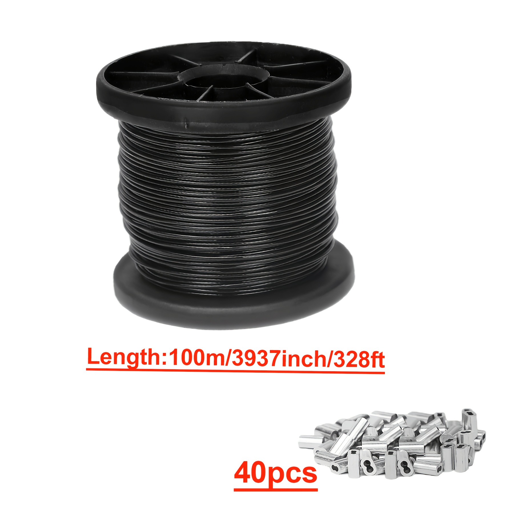 TEMU Fil de câble en acier inoxydable 304 revêtu de nylon (polyamide) de 1/32 pouce d'épaisseur, 100 mètres, avec 40 manchons à boucle de sertissage,
