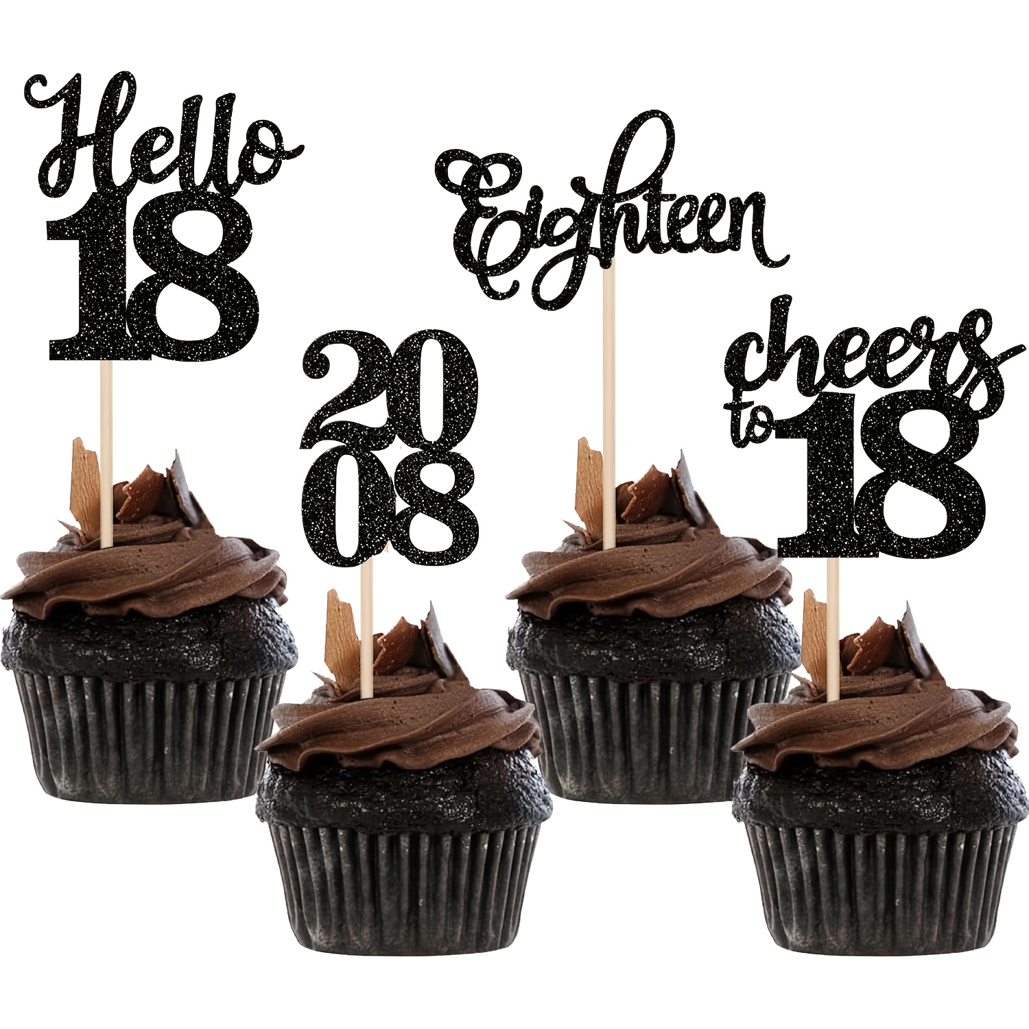 12pcs 18th Birthday Cupcake Toppers Glitter Hello 18 Cheers To 18 Eighteen Cupcake Picks For Happy 18th Birthday Party Cake Decorations Supplies Black