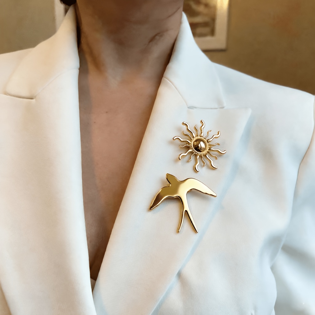 Image of 2 Sets Artistic Sun And Bird-shaped Brooch Set, Suitable For Women's Wear - Individual Jewelry, Featuring Bird Silhouette, Perfect For Daily Wear, Office Occasions