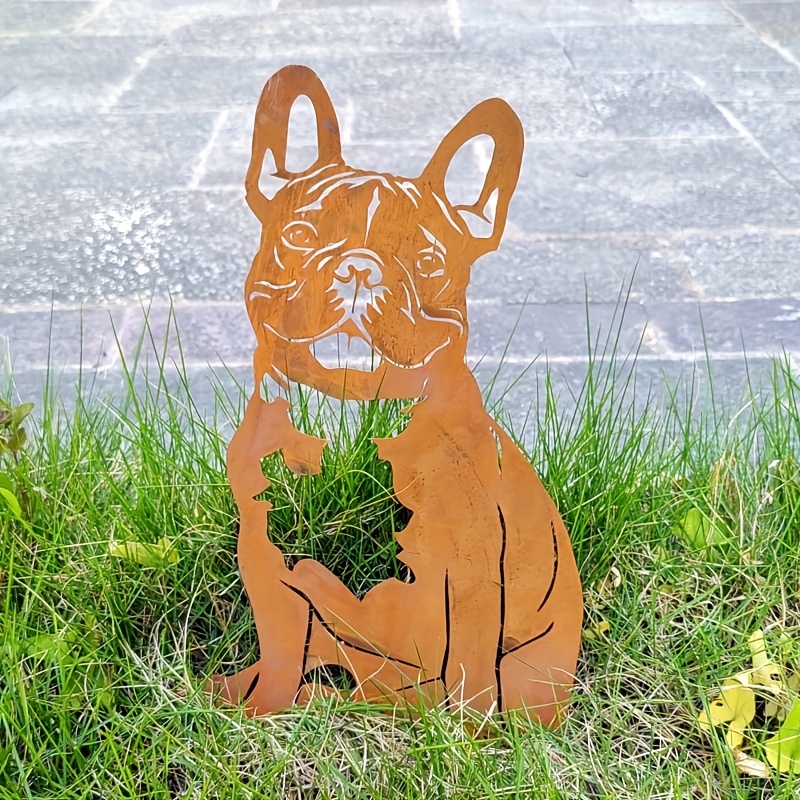 

Rustic Metal French Bulldog Garden Stake, Christmas Theme Animal Decor, Floor Mount Lawn Accent, Iron Craft Rusty Dog Ornament For Garden Landscaping, No Electricity Required