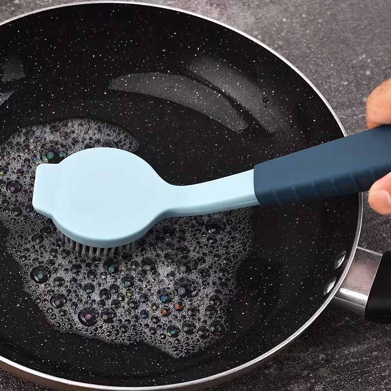 durable pp long handle cleaning brush soft silicone bristles for scrubbing ideal for kitchen dishes pots non electric stain removal kitchen cleaning tool soft bristle brus Product details 5