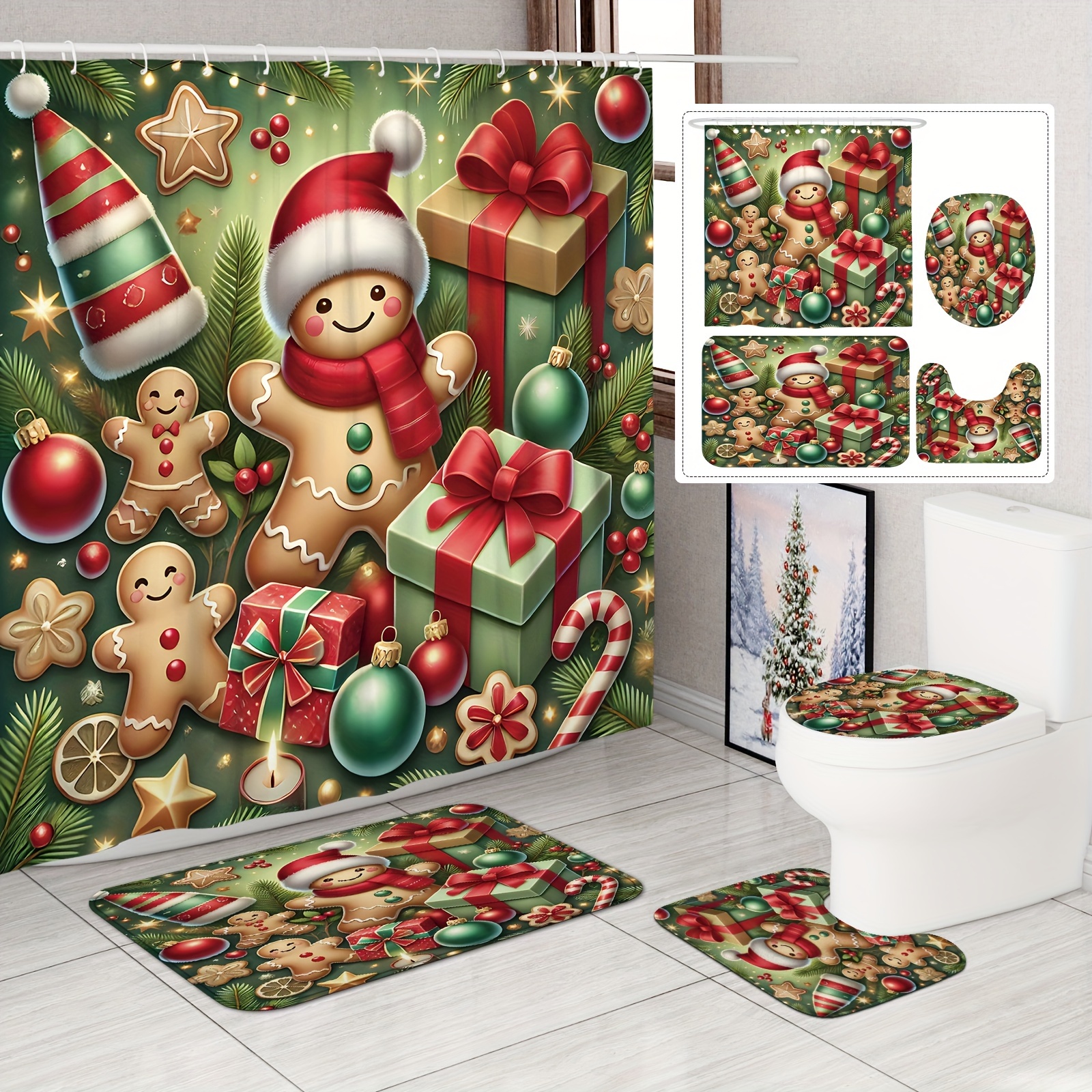 

[] 1/4pcs Christmas Curtain Set Red Curtain Polyester For Bathroom Ornaments 12 Bath Mat Lid Mat