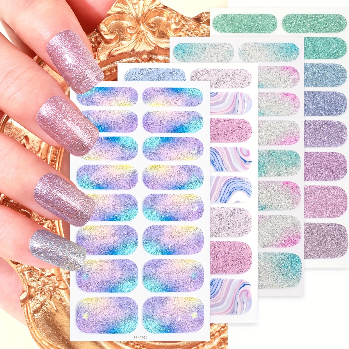 

Trousse de 4 bandeaux de vernis à ongles glitter marbrés, autocollants de nail gradient halo avec lime à ongles, thème , wraps complets auto-adhésifs pour femmes et filles, plastique irisée