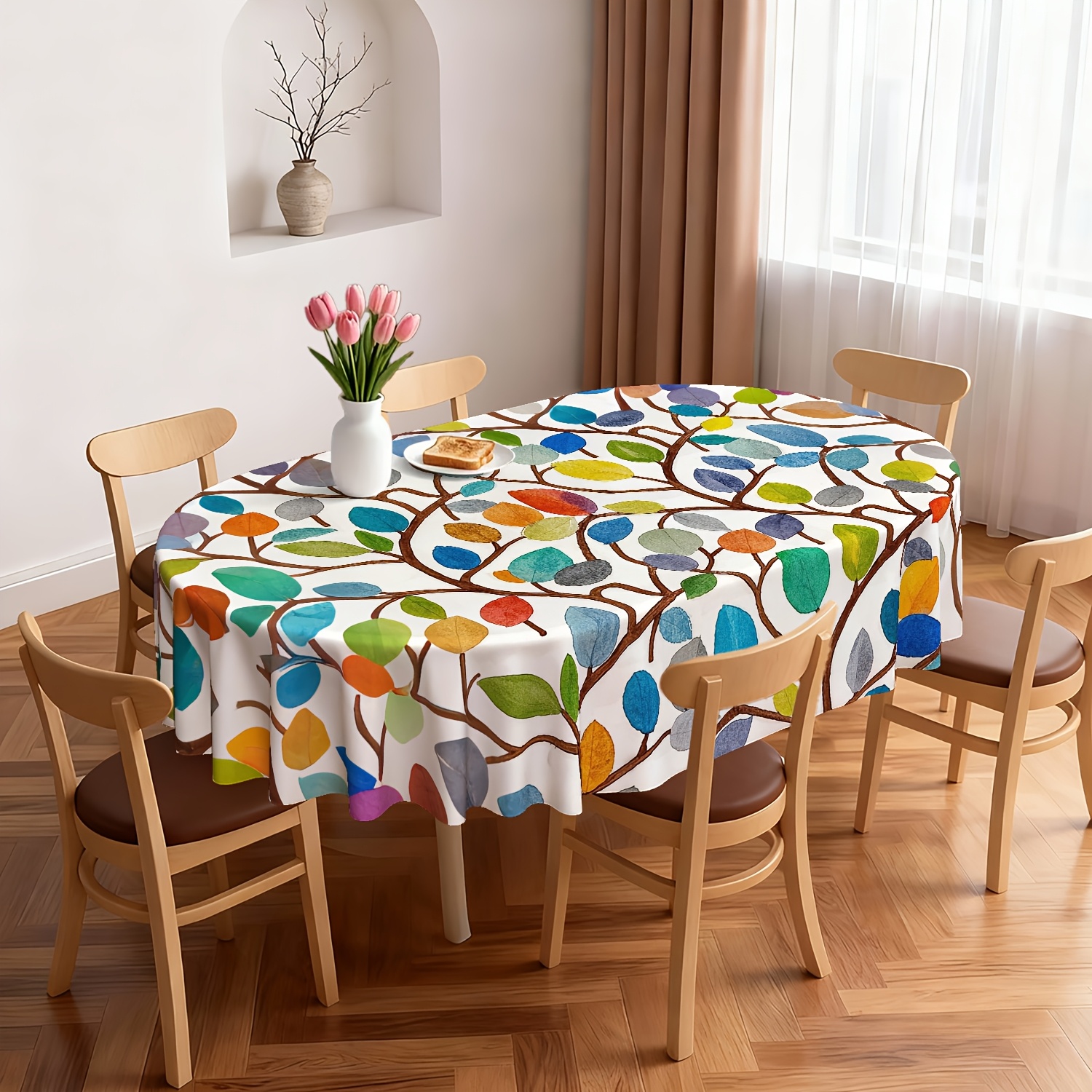 TEMU 1pc Spring Colorful Abstract Leaf Sage Tablecloth | Vintage Watercolor Leaves Table Cloth, Polyester, Decorative For Party