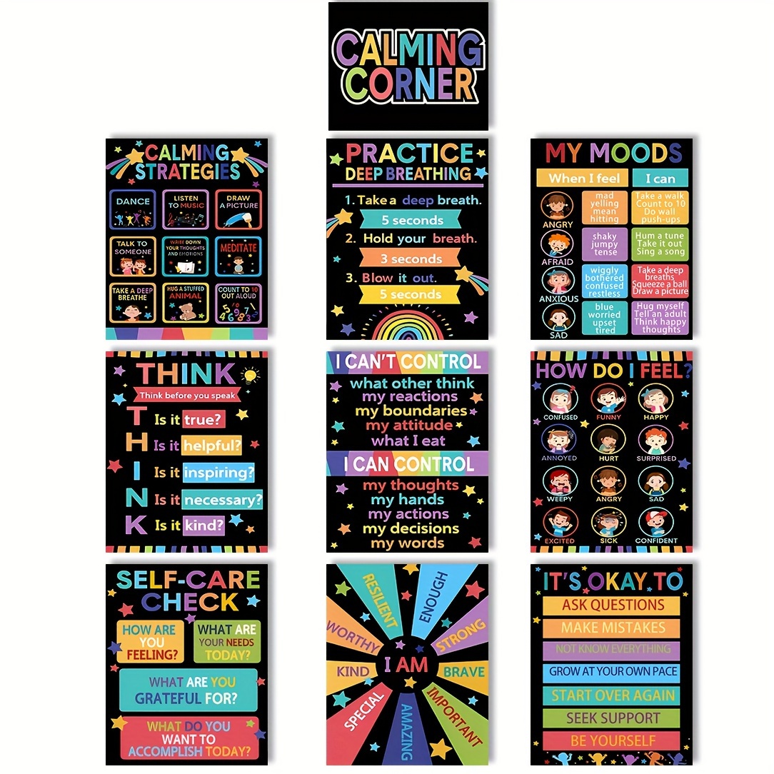 

10pcs Emotion Management Calming Posters For Kids - Educational Feelings Chart & Strategies, Laminated Waterproof Pearl Paper, Classroom Decor For Preschool, Kindergarten & Elementary School - 8x10