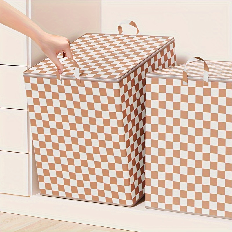 

1pc Classic Brown & White Checkered Storage Bins With Lids, Large 180l Cotton Linen Laundry Basket, Fabric Organizer With Zipper For Home