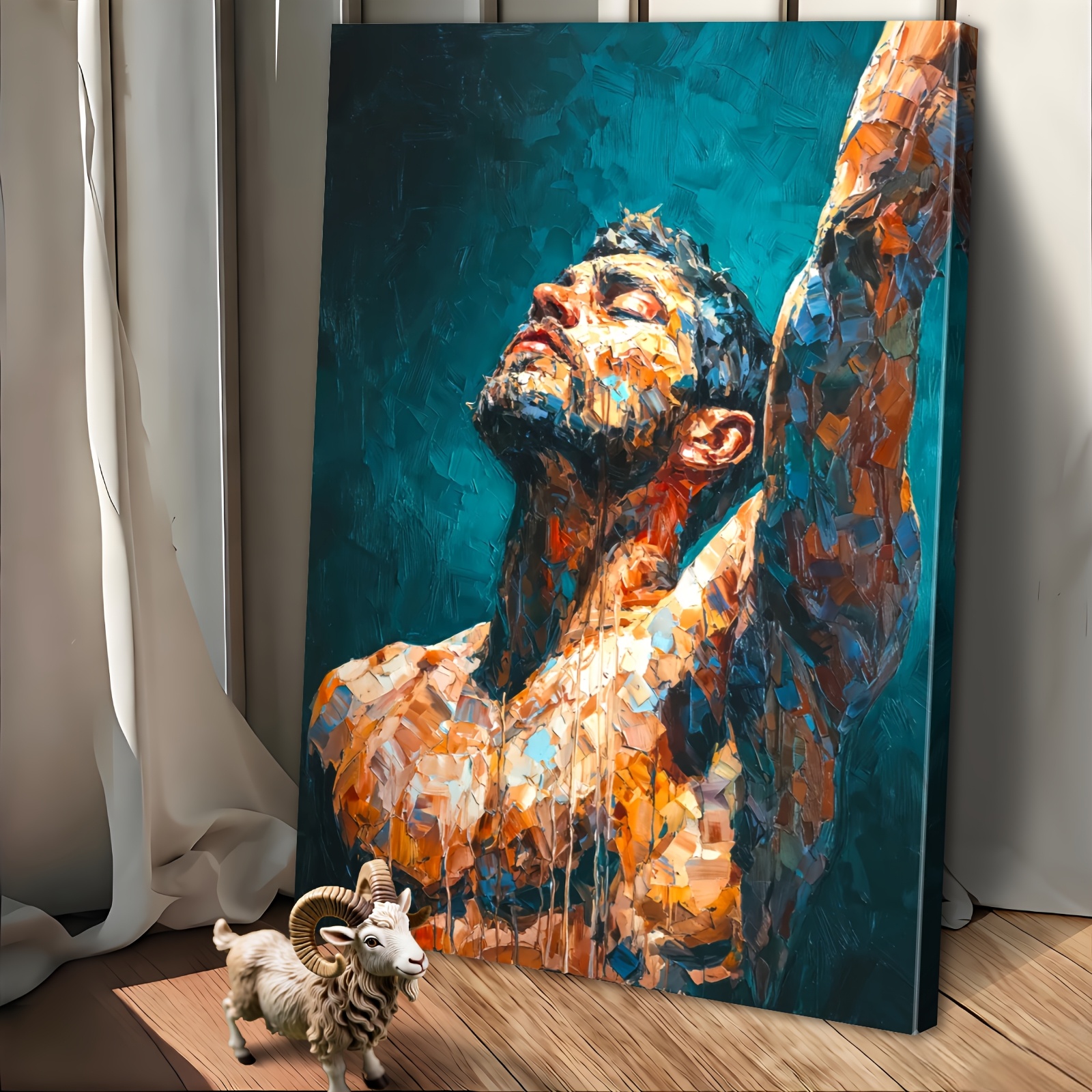 TEMU 2d Flat, 1pc Modern Abstract Male Figure Framed Canvas Wall Art - Muscular Male Portrait With Raised Arm, Wrap-around Frame Suitable For Gym,
