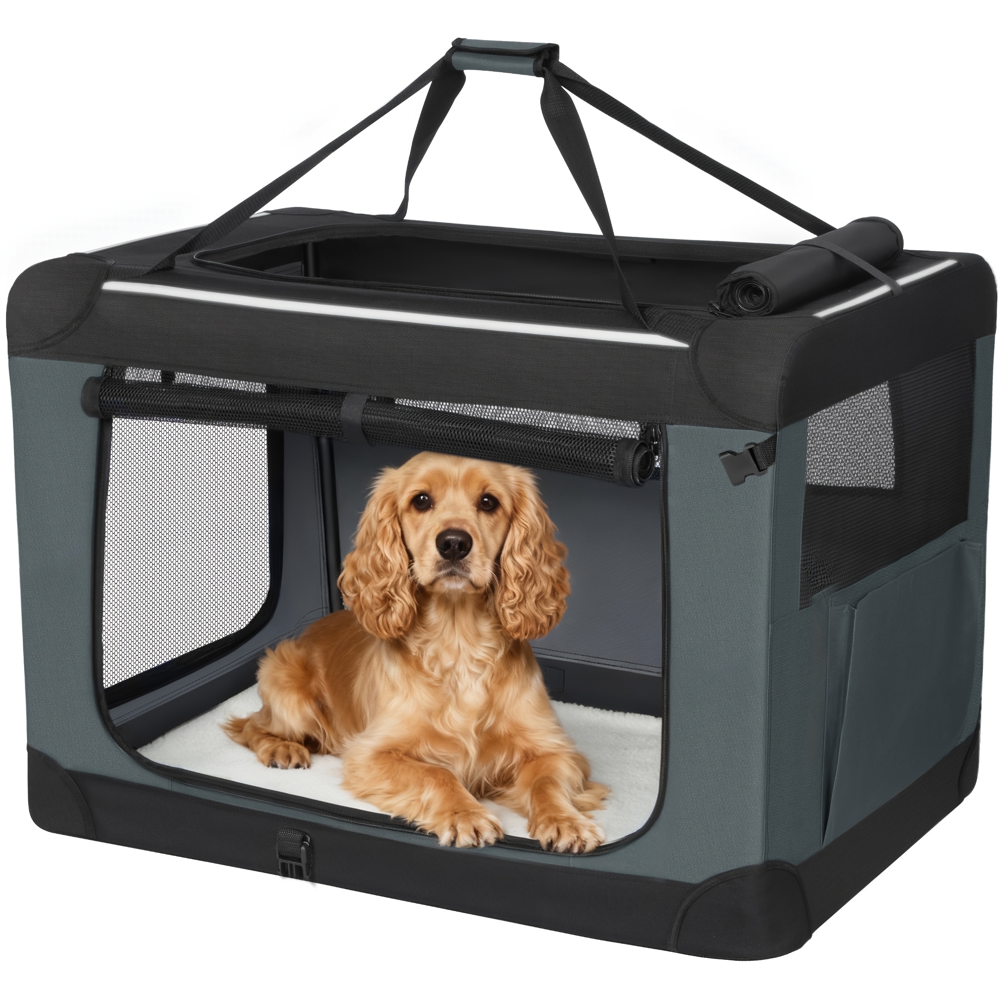 Image of Foldable Dog Carrier, Portable 3-door Foldable Travel Dog Carrier, 76.2*53.4*53.4cm, Breathable , Suitable For Medium-sized Dogs, Indoor And Outdoor, Gray.