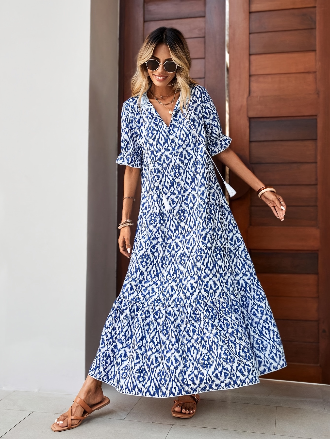allover print v neck tassel dress   short sleeve maxi dress for spring summer womens clothing multicolor 0
