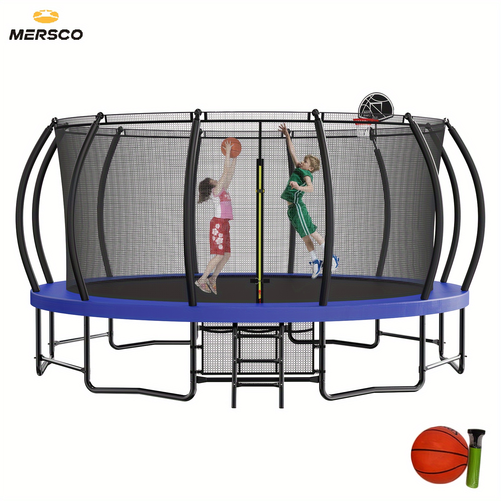 

Mersco 15ft Oversized Outdoor Blue Trampoline With Safety Enclosure, Ladder And Basketball Hoop, Backyard Trampoline, New Pumpkin Design, 4- Capacity, As Gift