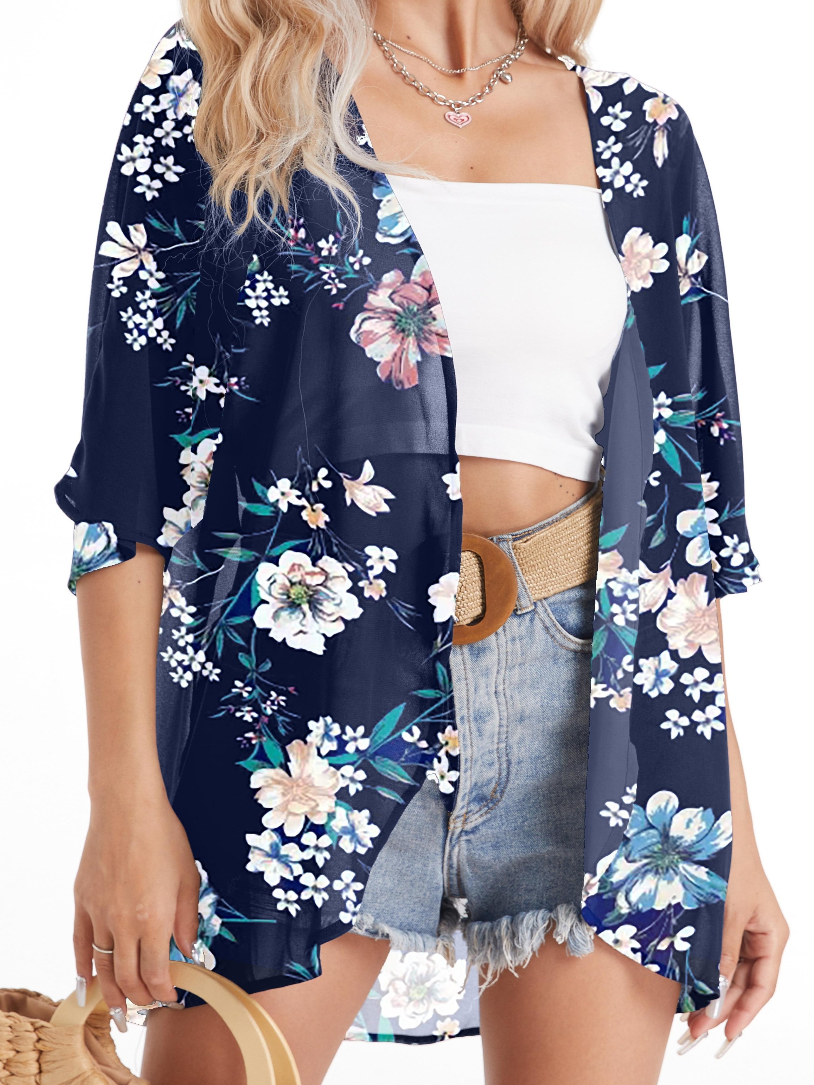 Floral Print Cover Up Cardigan, V Neck Loose Fit Half Sleeves Casual Beach Kimono, Women's Swimwear & Clothing