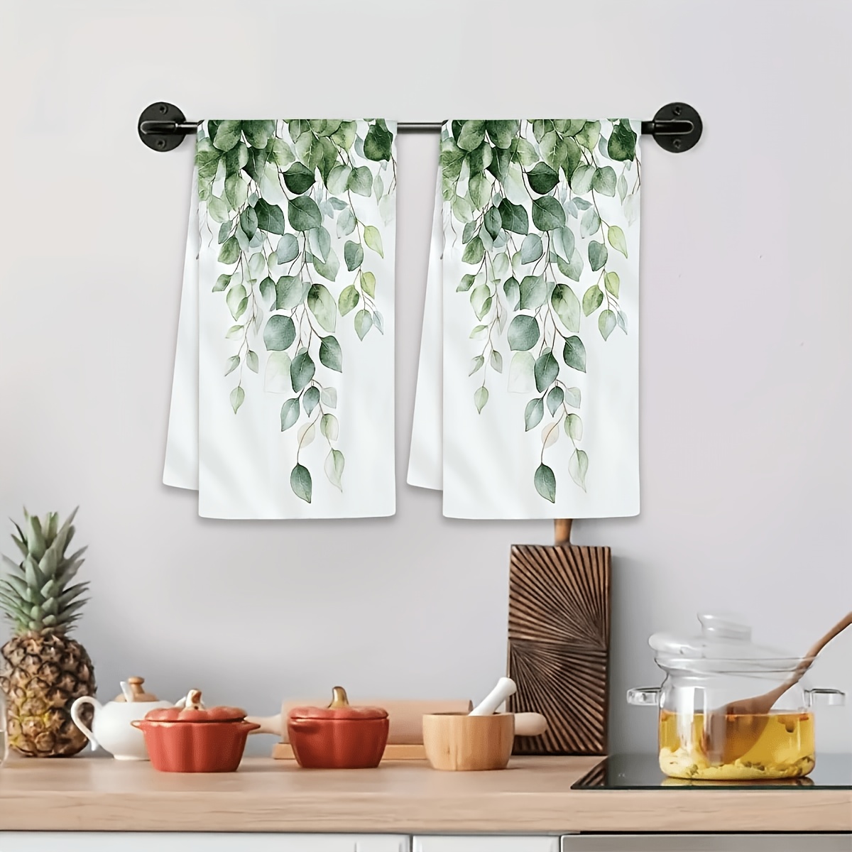 TEMU 2pcs Set Fresh Watercolor Eucalyptus Leaf Print Kitchen Towels, 16x24 Inches, Plant Drooping Branches Print Dish Cloths Ins Nordic Style