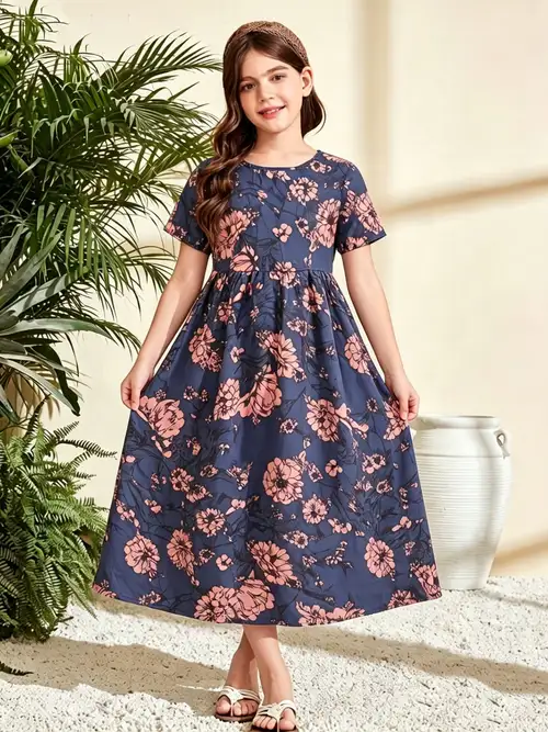 Toddler Girls Navy * Floral Maxi Dress, Short Sleeve Casual A-Line Long Dress for Beach Vacation Toddler Girls Navy * Floral Maxi Dress, Short Sleeve Casual A-Line Long Dress for Beach Vacation