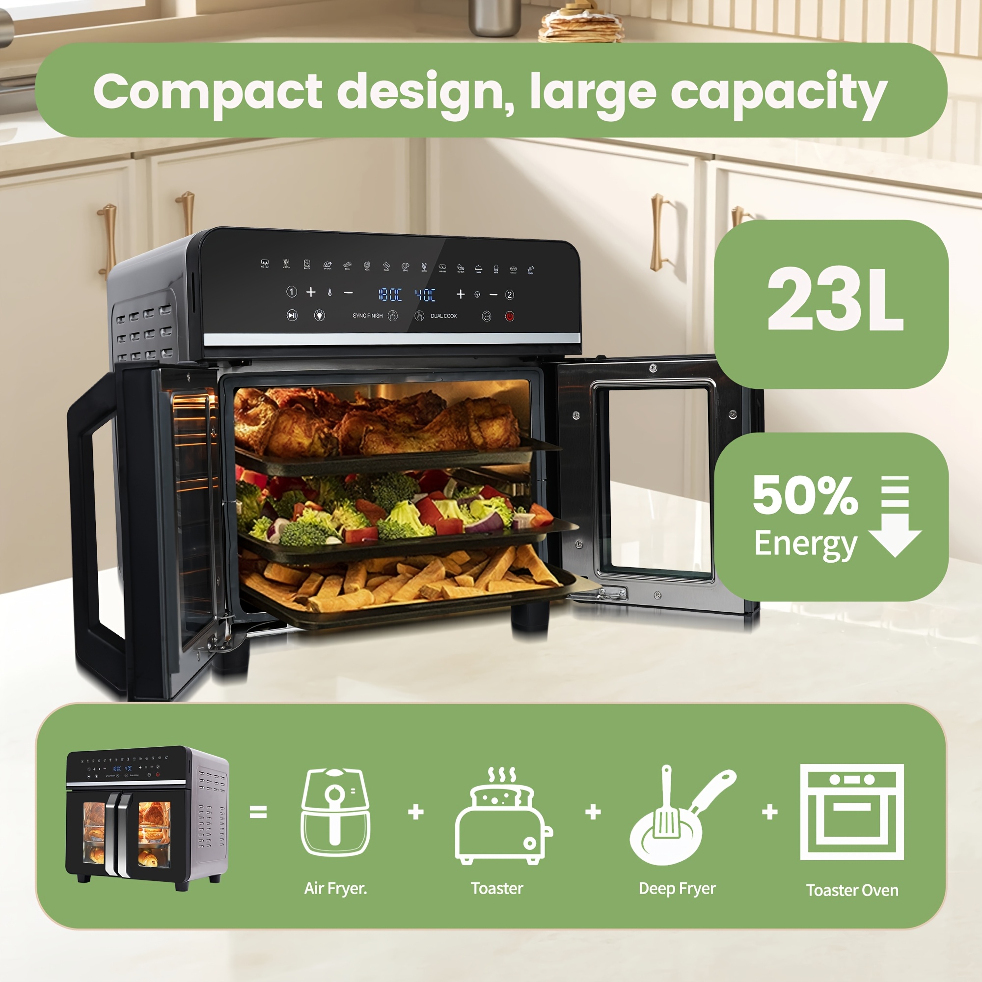 Dubbele Zone Heetluchtfriteuse, 23L Heetluchtfriteuse, XXL Oven 2200 W met LED Touchscreen, 15 Programma's, met Receptenboek, Compleet Set Accessoires