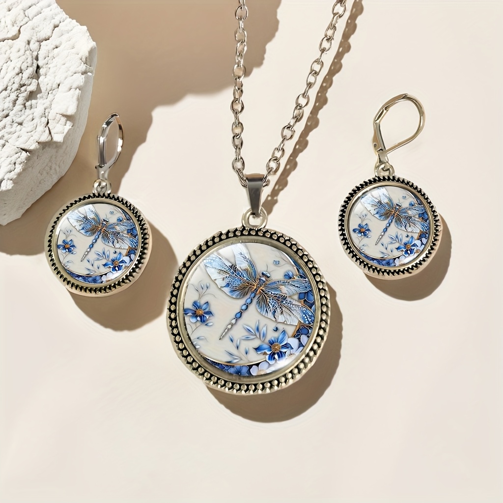Image of 3pcs/set Chic Dragonfly Necklace And Earring Set, Vintage Style, Fashionable Additions - The Gift