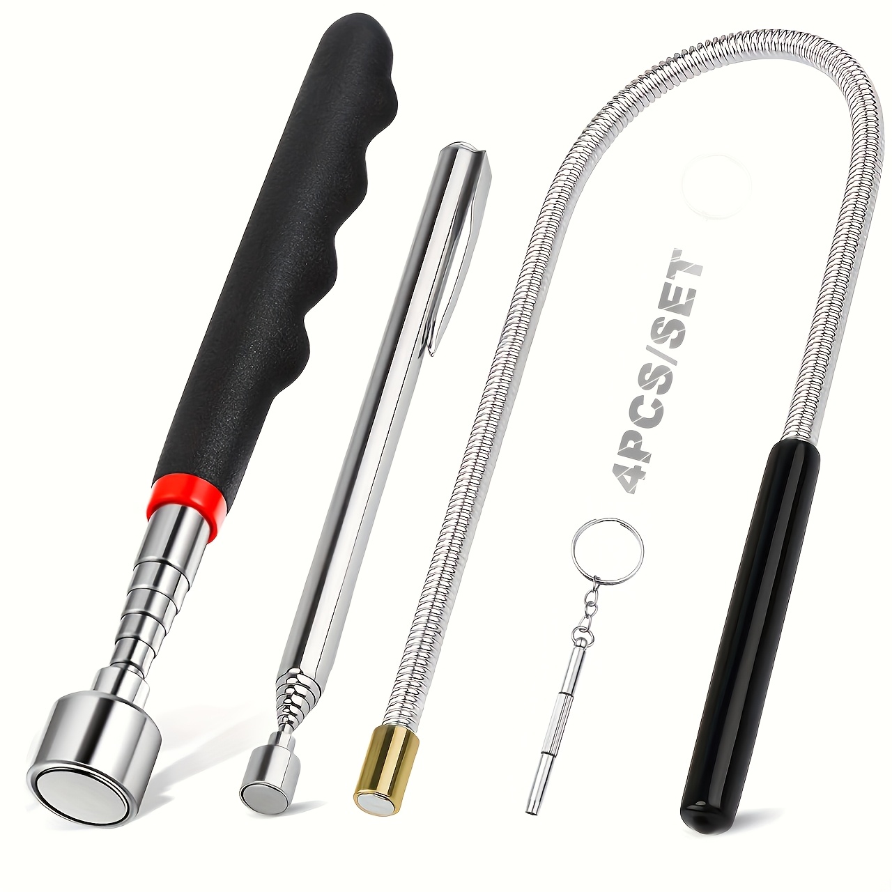 TEMU 4pcs Set Includes French/ Valve , Telescoping Mechanical Magnet Tool, Flexible Long Magnet Set With 1. And High Suction 20 Lb Magnetic Pickup