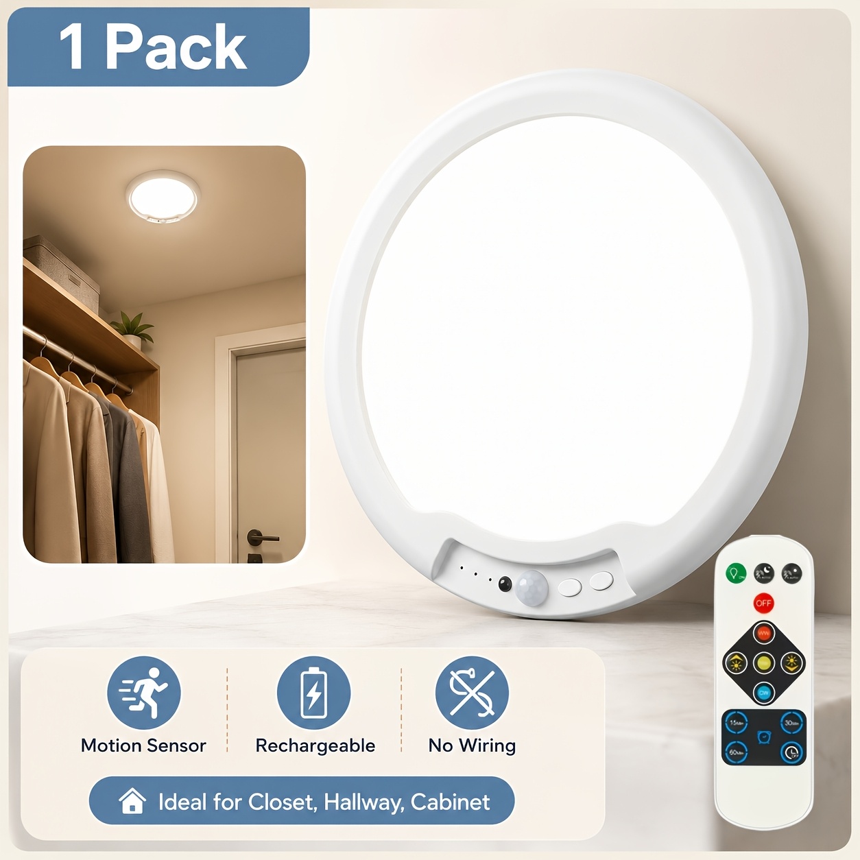 TEMU 1/2 Pack Rechargeable Led Ceiling Light With Motion Sensor, Wireless Battery-powered Ceiling Lamp, Remote Control Dimmable Indoor Light, 3
