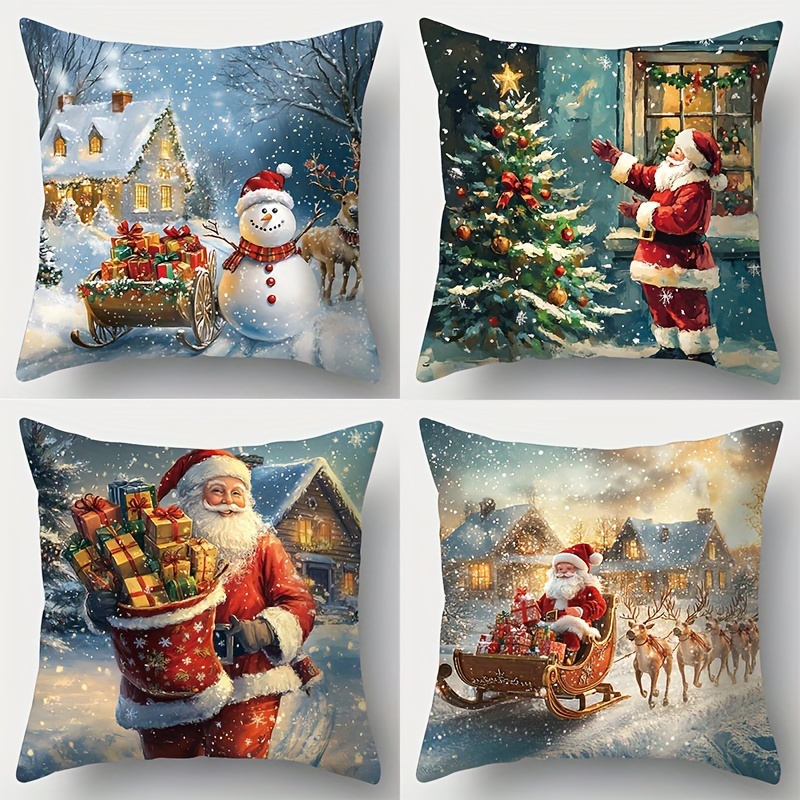 

Ensemble de 4 Housses de Coussin de Noël Festives, 18x18 Pouces - Décoration de Maison pour Canapé & Chambre, Fermeture Éclair, Polyester, Lavable en Machine