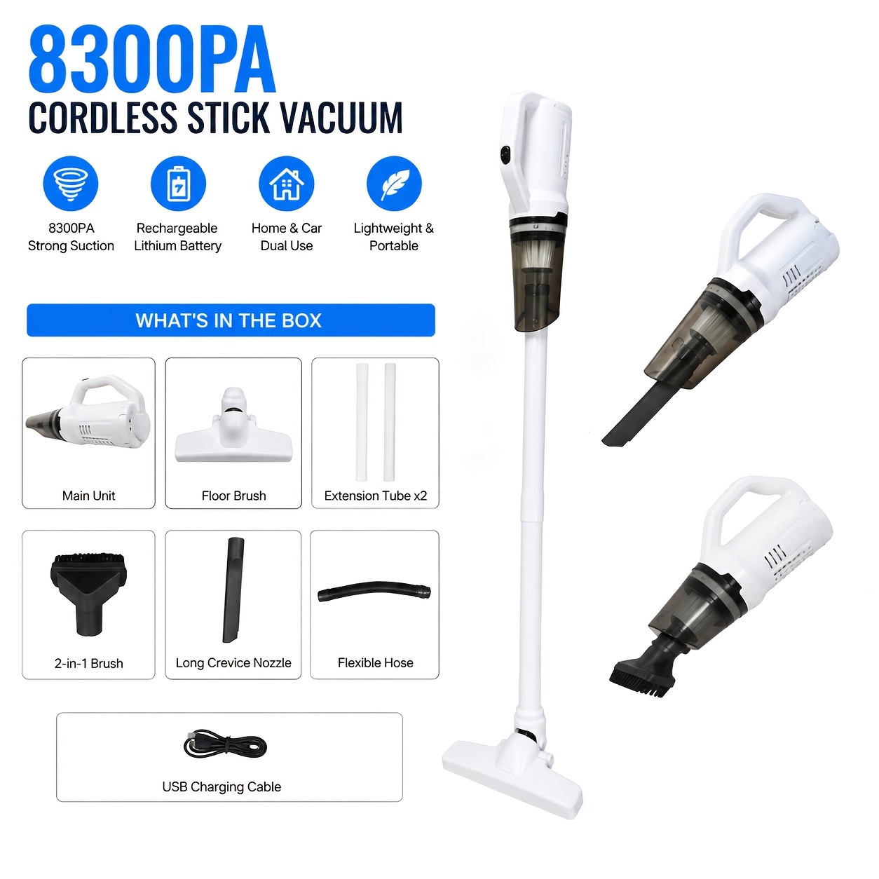 TEMU 8300pa Powerful Suction Cleaner, 2-in-1 Handheld Vacuum With Floor Brush, Extension Tube & Multi-additions, Rechargeable And Lightweight, For