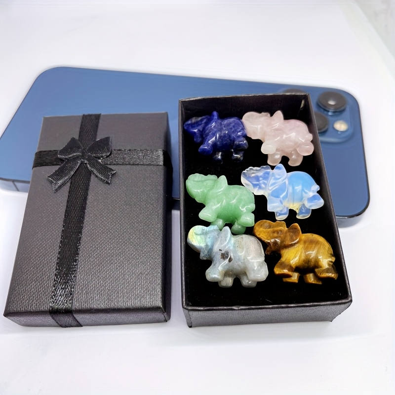 TEMU 1 Set Of 6 Random Multi-colored Quartz Natural Stone Carved Animals, Mini Elephants, Cute Cats And Dogs, Exquisite Gift Box Packaging, Office
