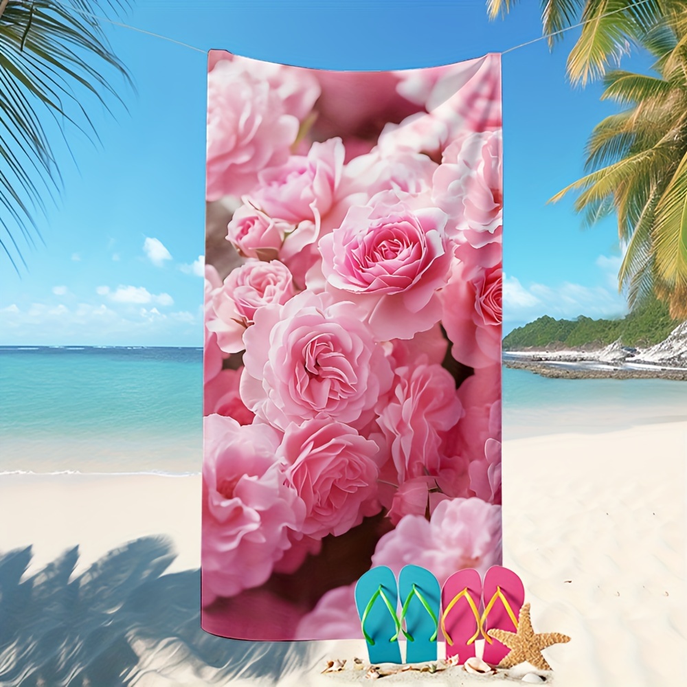 Oversized Pink Rose Print Beach Towel Soft Durable Polyester_voghion.com
