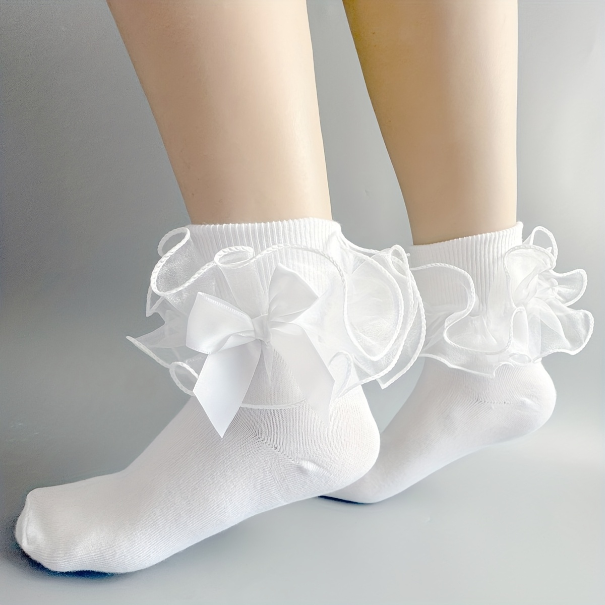 TEMU 1 Pair Of Women's Mid-calf Socks With Lace Bows At The Ankle, Suitable For Dancing, Parties, And Daily Wear
