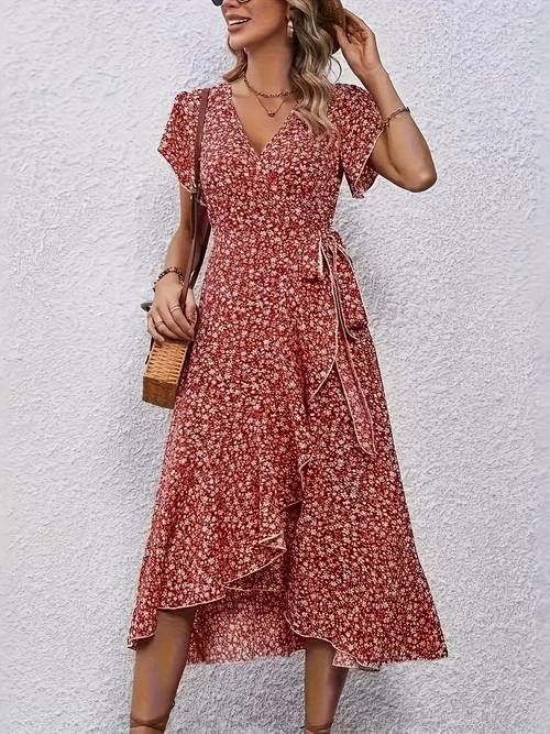 womens summer floral long dress with v neck elegant short sleeve a line skirt split hem bohemian beach party evening casual retro dress mothers day long dress