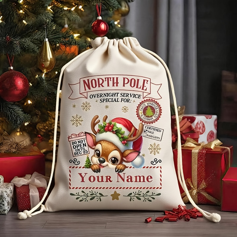 TEMU 1pc Customizable Name Christmas Party Lanyard Gift Bag, Cartoon Reindeer Design, Holiday Celebration Storage Bag, Off-white Canvas Animal Print,