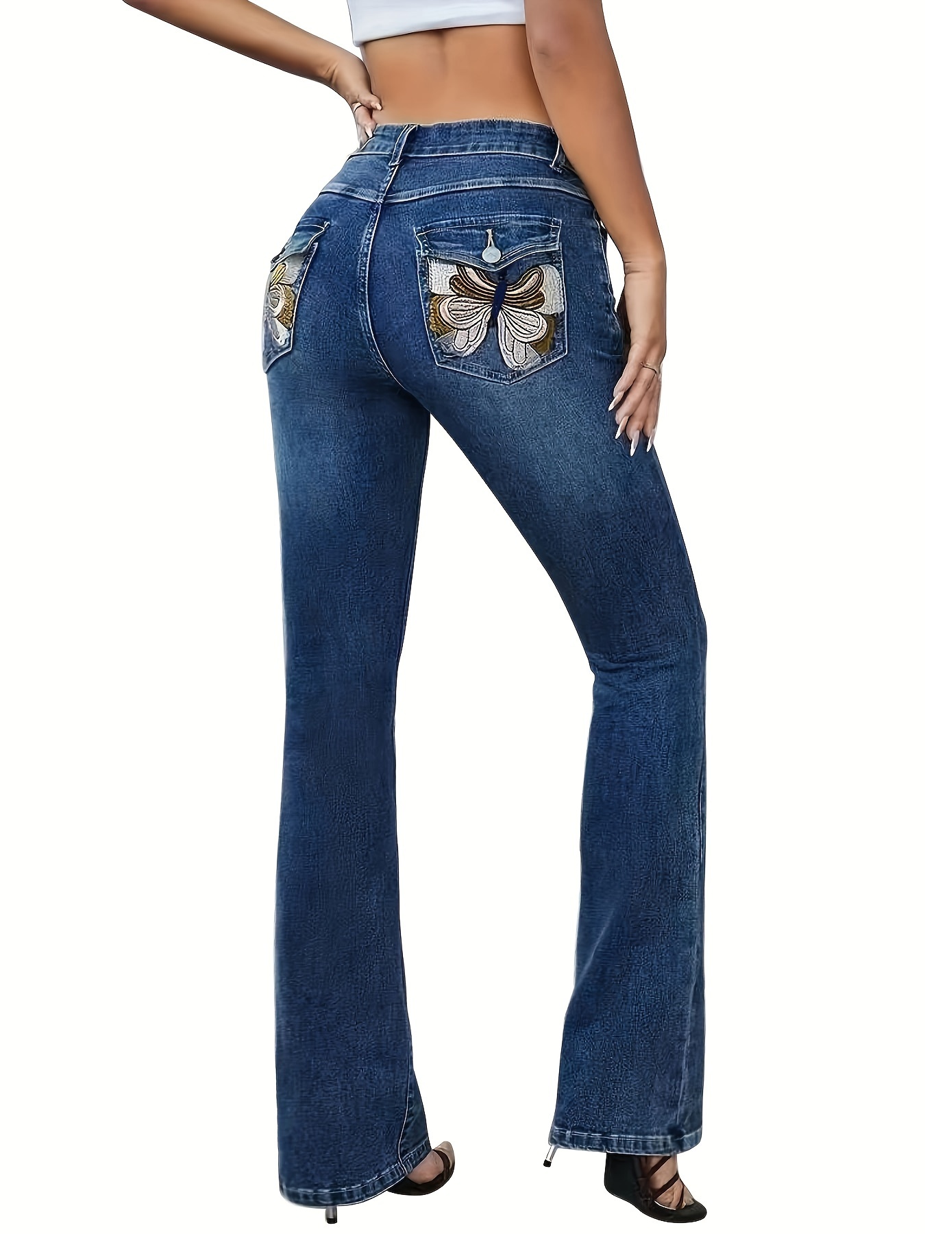 Woman Rhinestone Jeans Embroidered High Waisted Bootcut Jeans Size