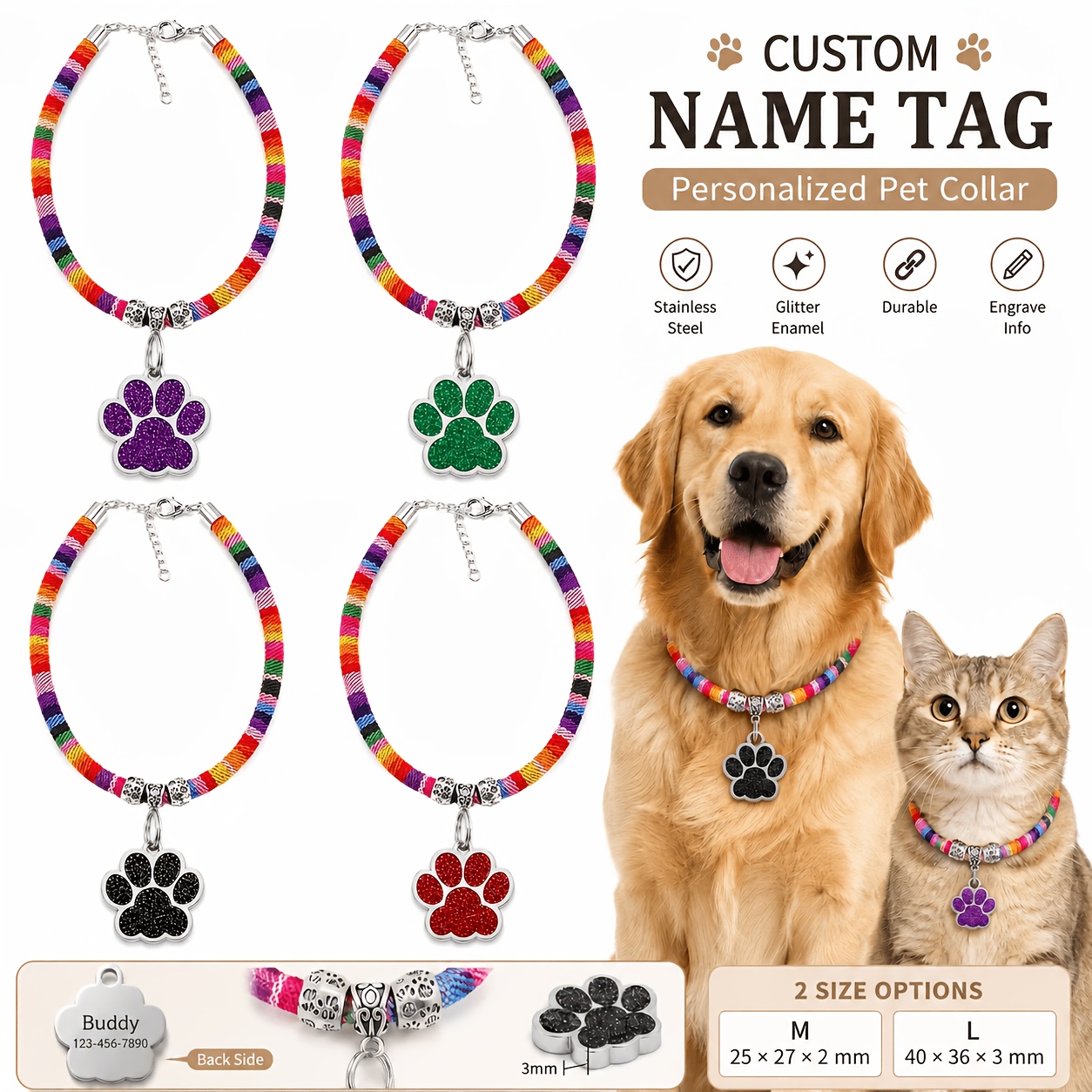 Personalized Braided Rope Pet Collar with Custom Name Tag