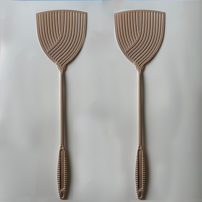 Image of Premium Thickened, Easy And Durable Striped Three-color Plastic Fly Swatter - A Killer Tool. The Long Handle With Textured Surface To Grip. Used Indoors And Outdoors And Is An Essential Household Item