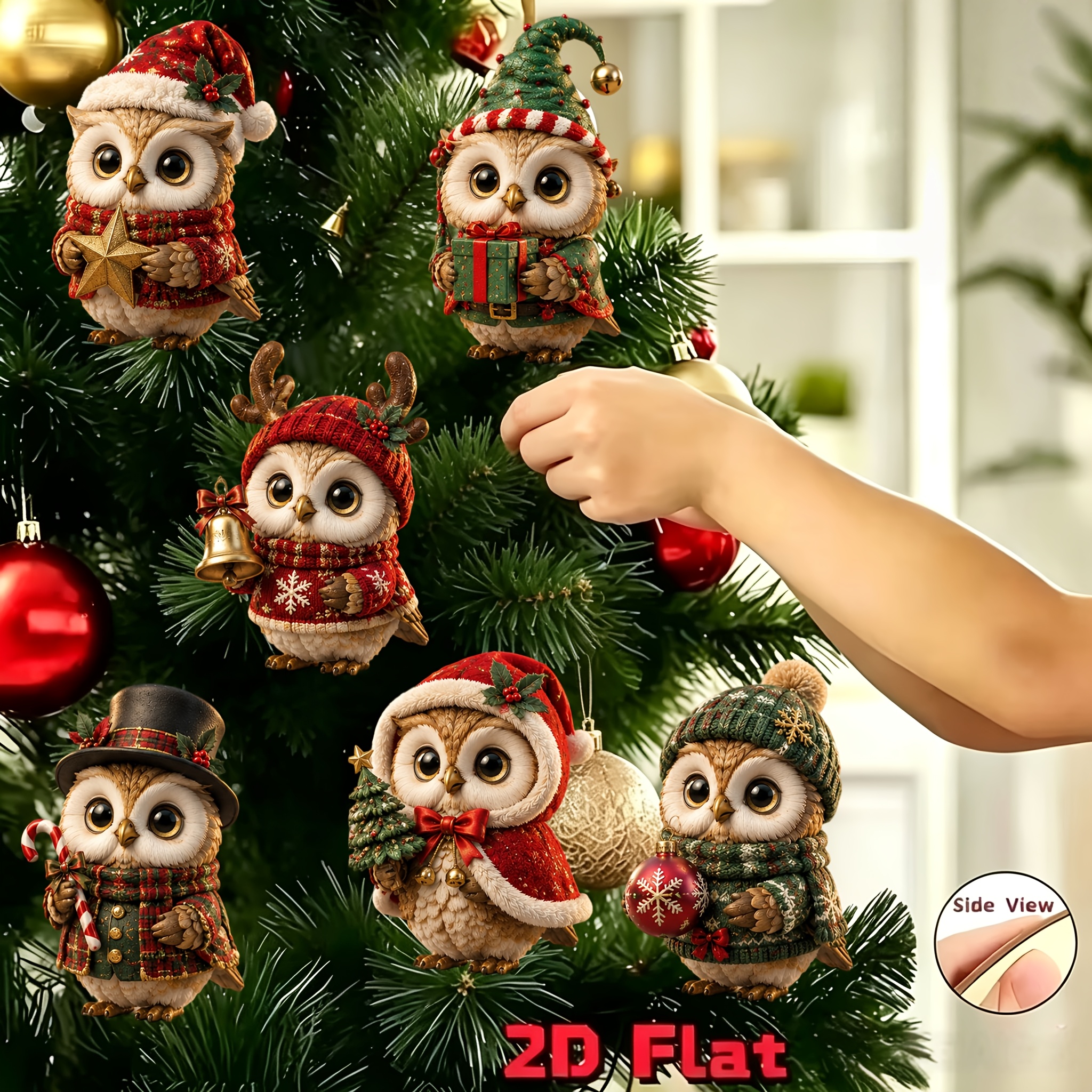 TEMU 2d Flat, 2d Flat 6pcs Cute Owl Hanging Ornaments, Christmas Card Small Holiday Decorations, Suitable For Living Room, Bedroom, Study, Christmas